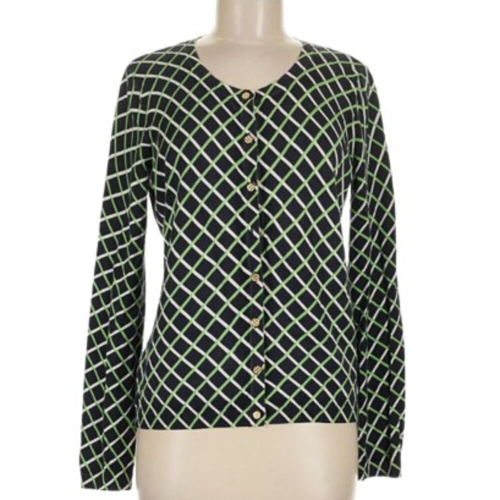 Talbots Petite Navy Green & Diamond Print Cardigan Sweater - EUC